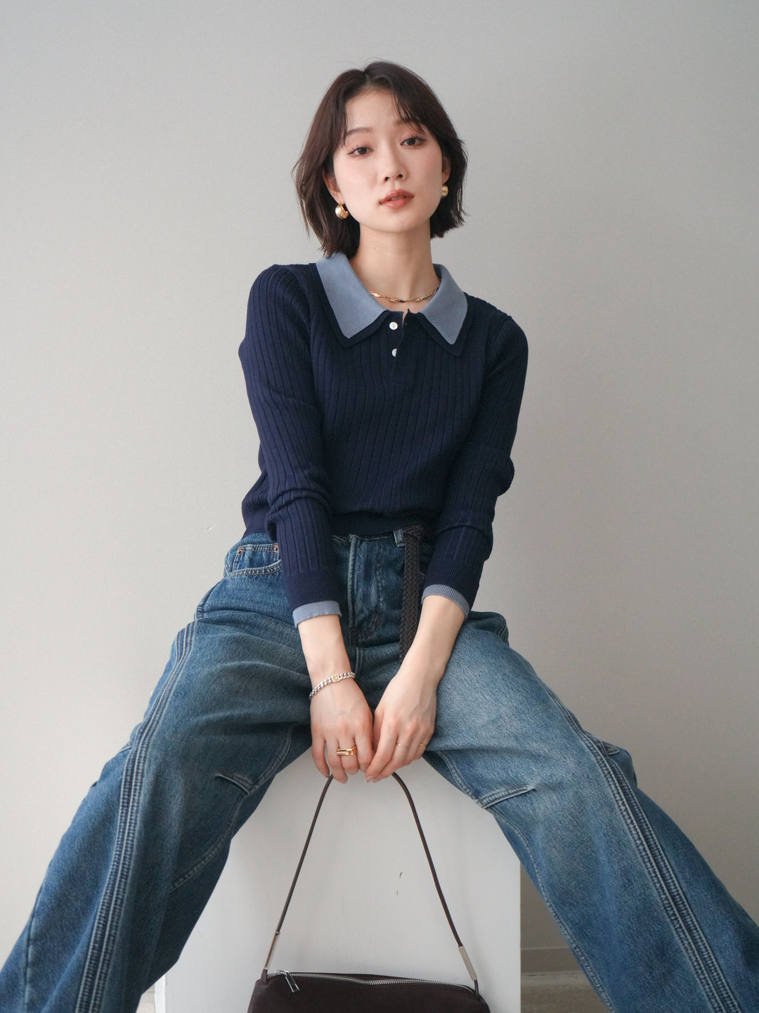 [予約]ダブル襟ポロリブニットトップス/navy
