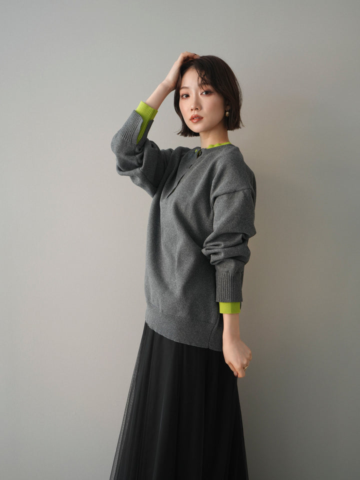 [予約]2WAYネック配色レイヤードニットプルオーバー/charcoal