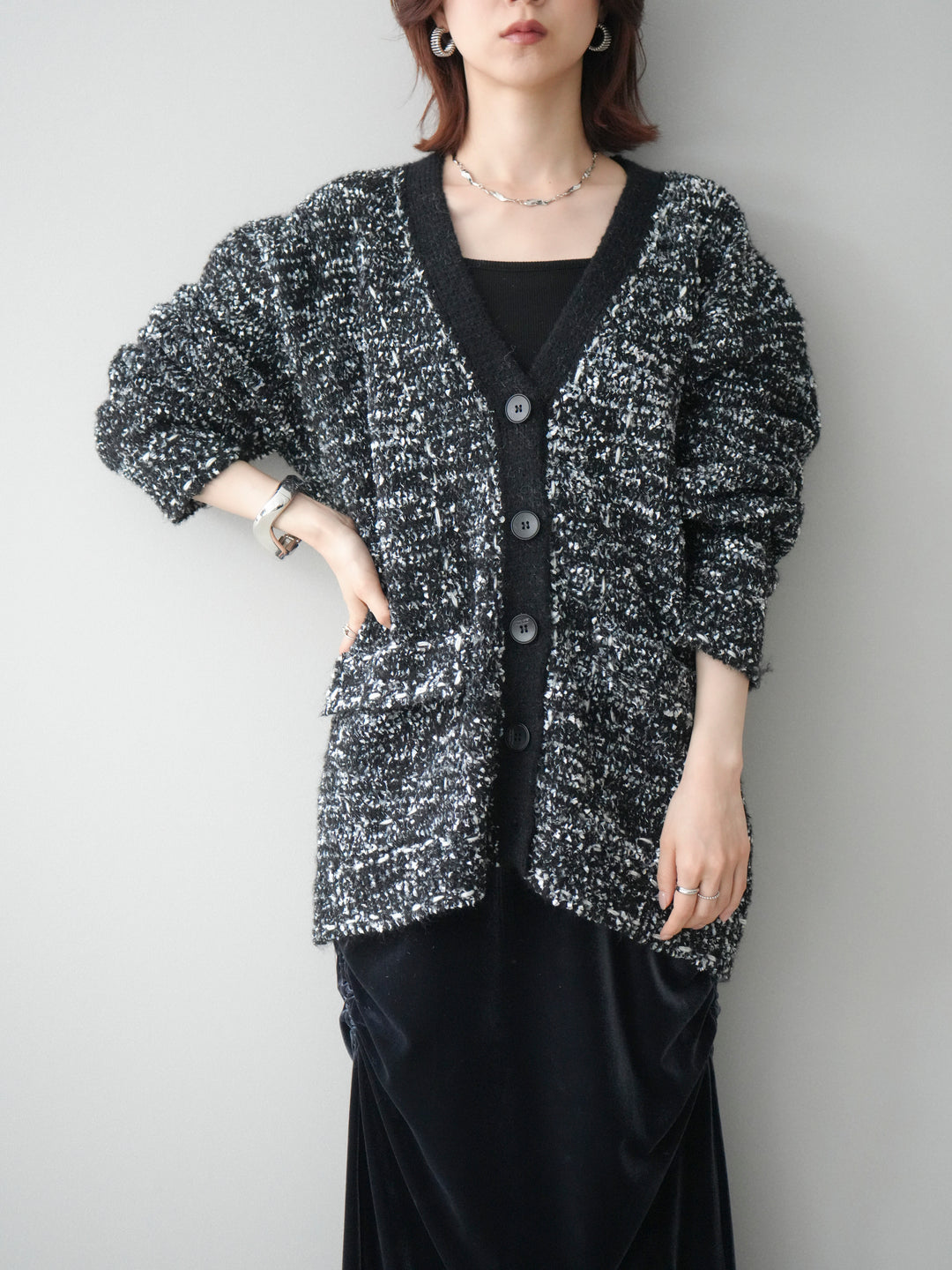 [SET]モールネップニットカーディガン+ギャザーベロアスカート(2set)