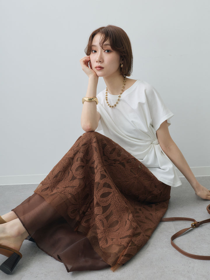 [SET]サイドノットTEE+フラワーレースレイヤードスカート(2set)