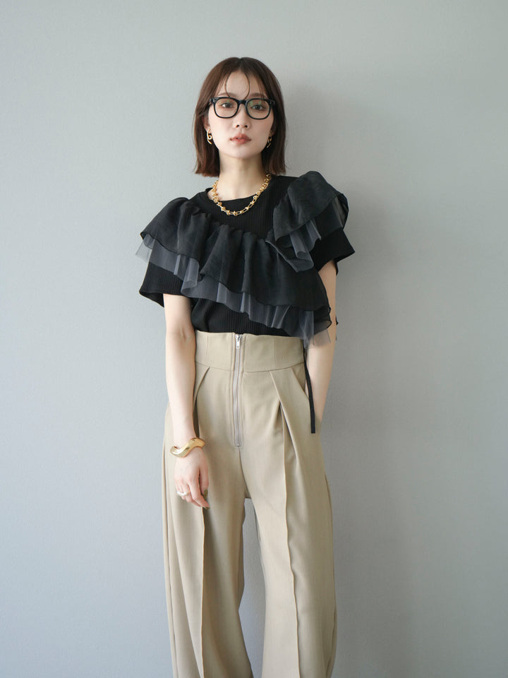 [予約]アシメフリルドッキングカットソー/ブラック