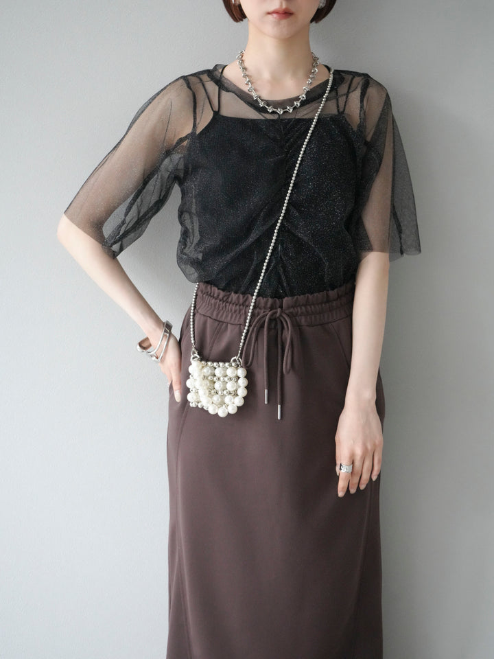 [SET]ラメチュールシャーリングプルオーバー+ダブルストラップカットリブブラキャミソール(2set)