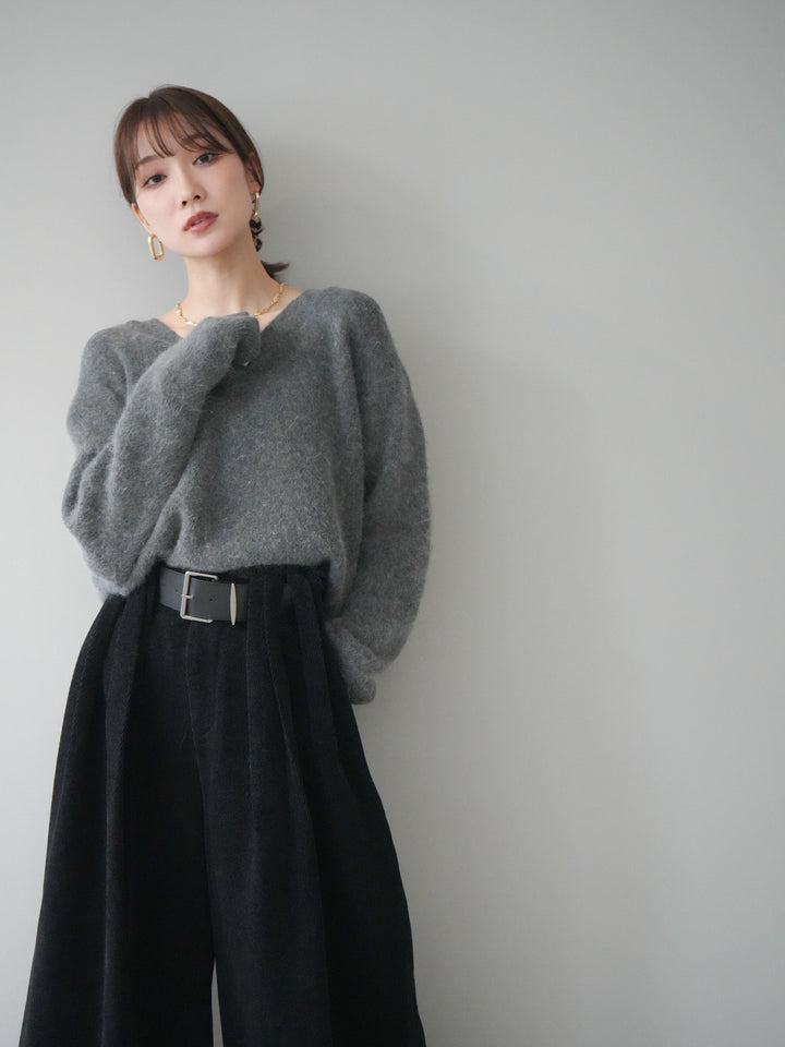 [予約]シュシュ付きアンゴラタッチVネックニットプルオーバー/gray