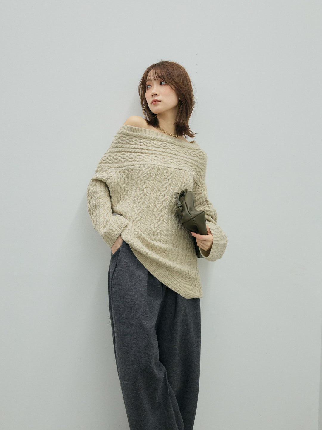 [予約]ケーブルワンショルニットプルオーバー/beige