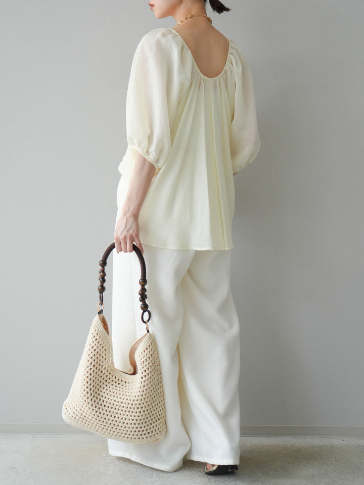 [SET]ボリュームスリーブシアータックブラウス+リネンライクイージーワイドパンツ(2set)