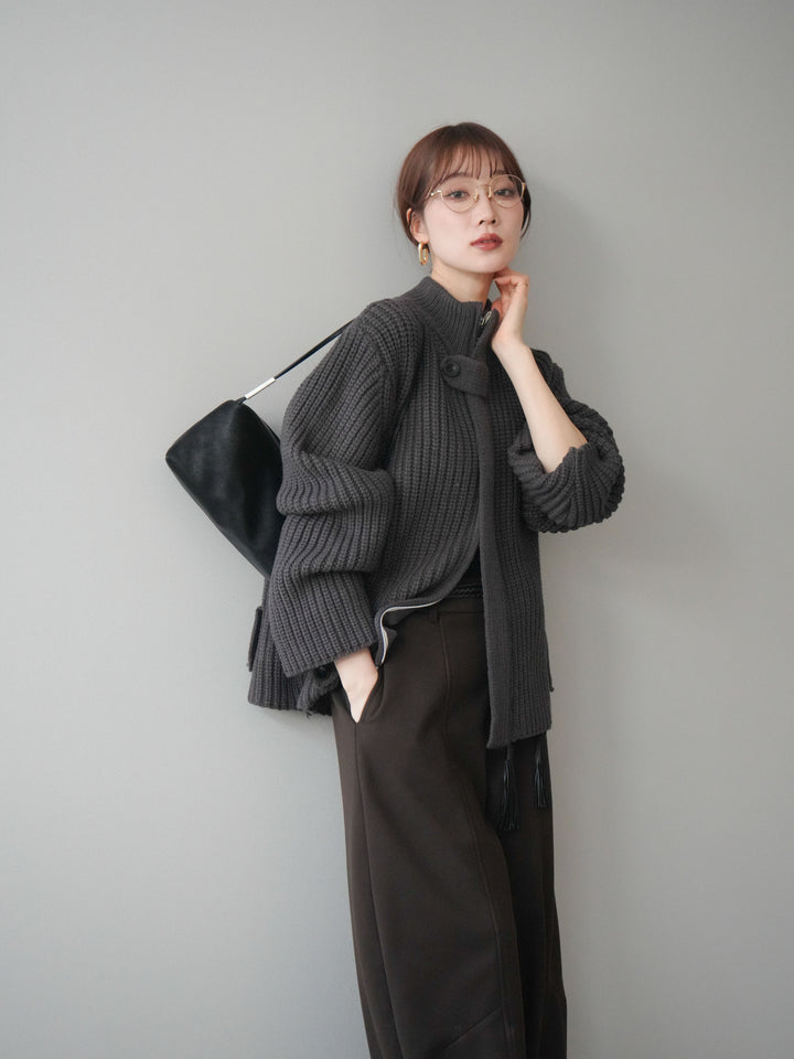 [SET]畦編みボトルネックZIPニットカーディガン+選べるアクセセット(2set)