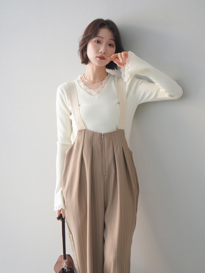 [予約]レースドッキングVネックニットトップス/white