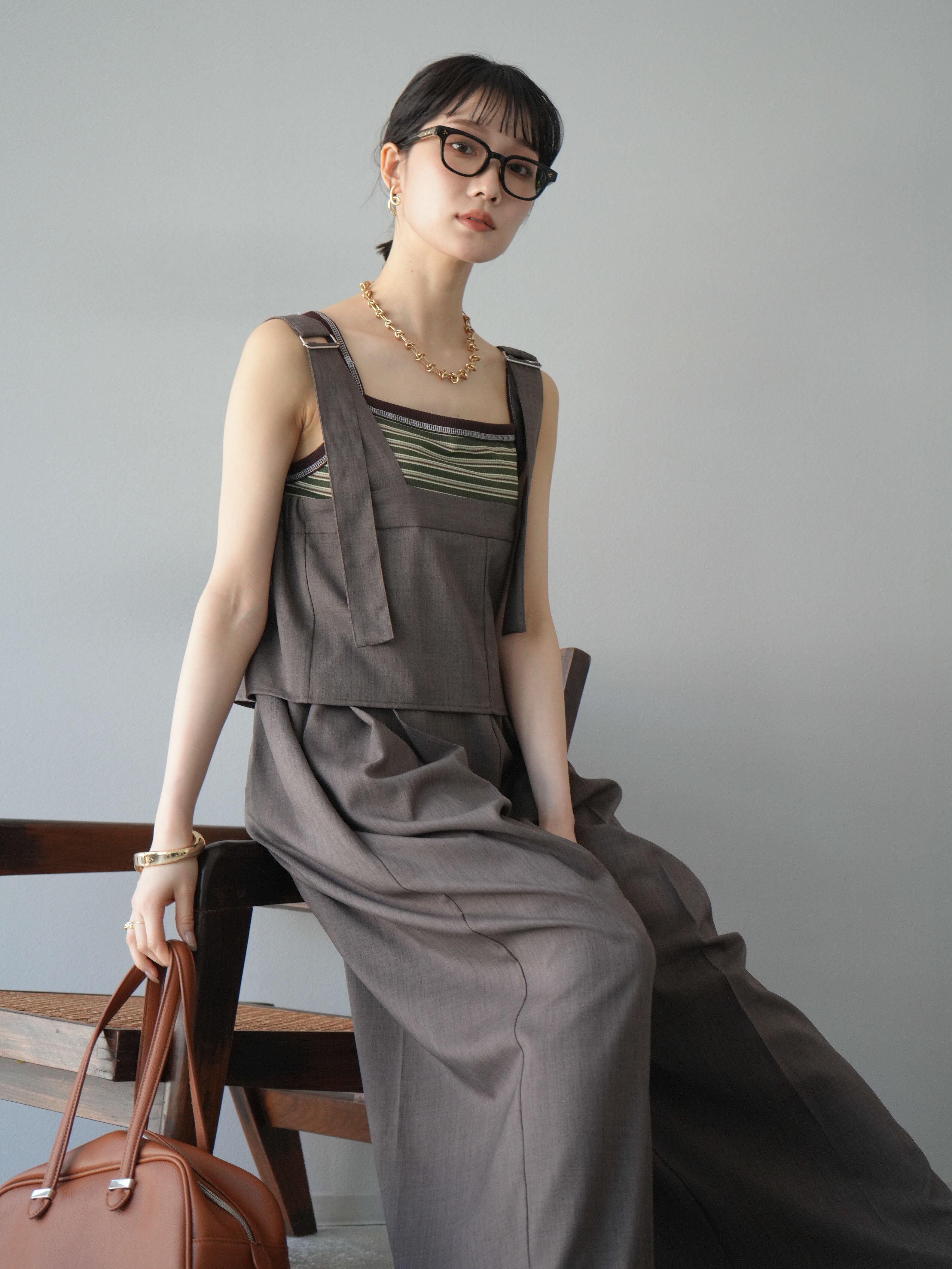 予約]リネンタッチレイヤードデザインサロペット/ブラウン – Lumier