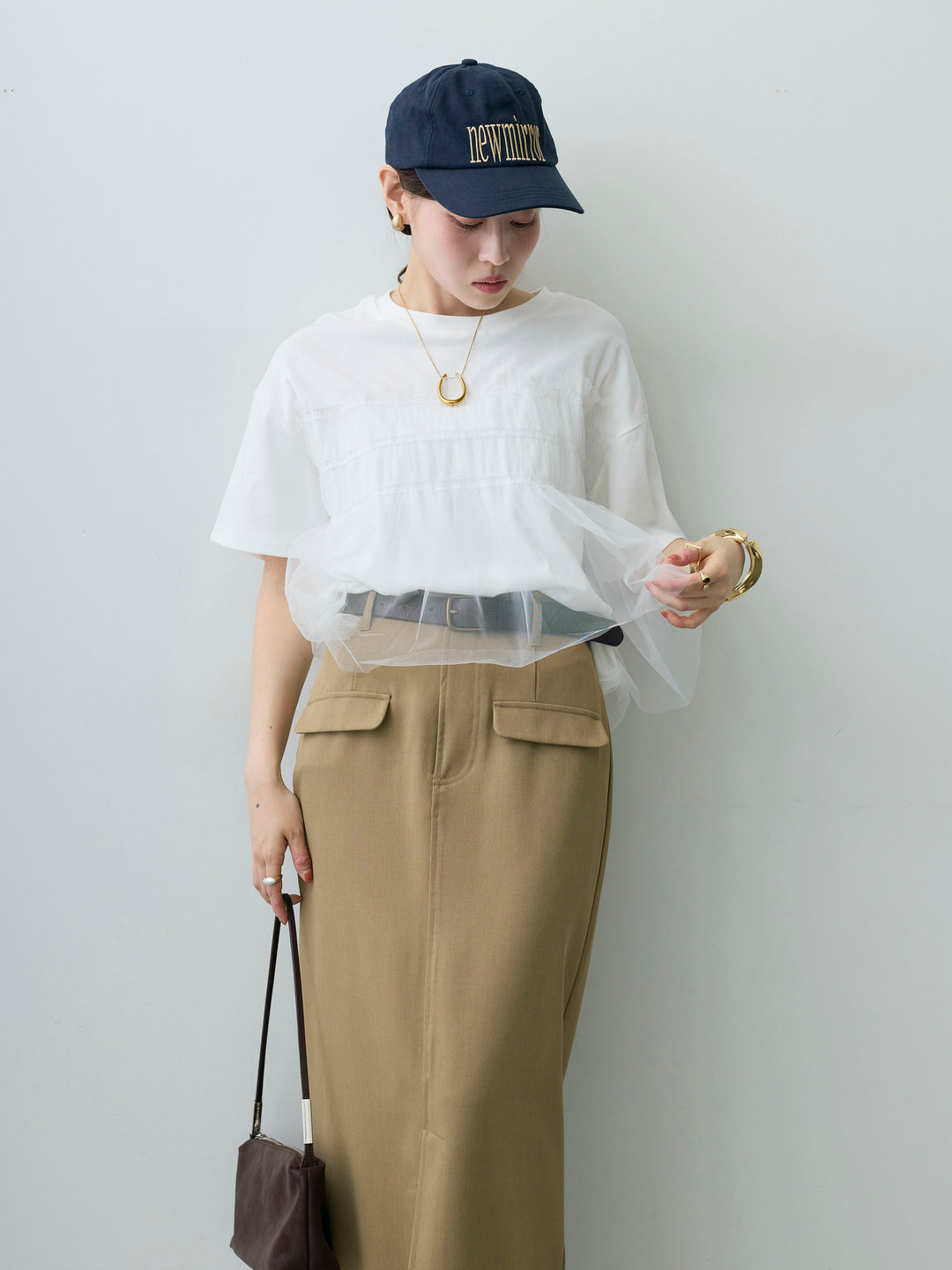 [SET]ギャザーチュールドッキングTEE+クレープデシンフラップ付きストレートスカート(2set)