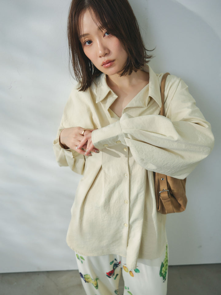 【Allure】[SET]合繊ウエストタックシャツ+ボタニカルプリントイージーパンツ(2set)