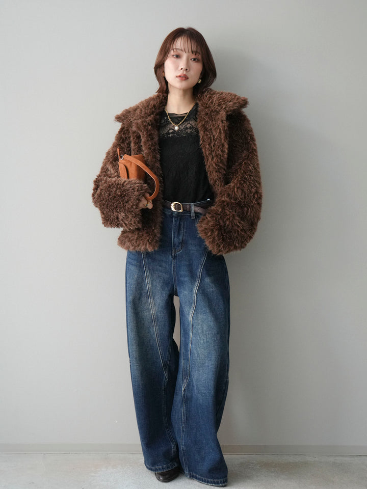 [SET]フェイクファー襟付きショートブルゾン+チュールレーストップス(2set)