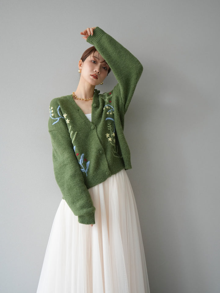 [予約]フラワー刺繍ニットカーディガン/グリーン