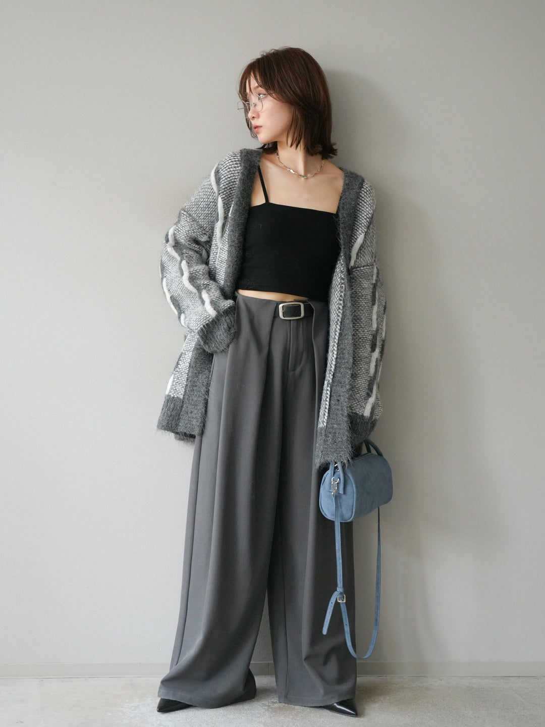 [SET]バイカラー編み込みデザインニットカーディガン+ベルトループデザインワイドパンツ(2set)