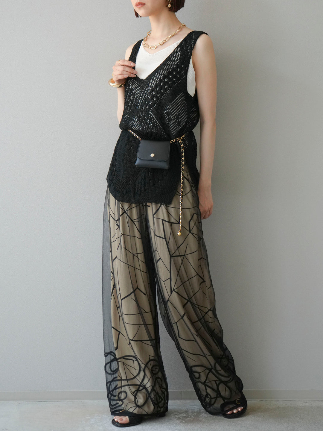 [予約]ビスコースサテンプリントタックイージーパンツ/ベージュ