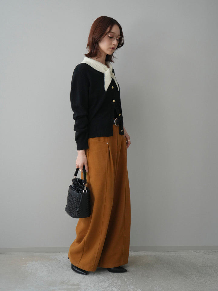 [SET]デザイン襟ニットカーディガン+ベルト付起毛コクーンパンツ(2set)