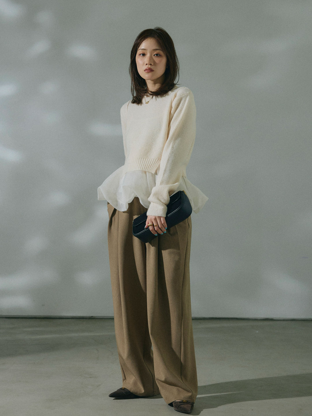 【Allure】[SET]オーガンジーバルーンキャミアンサンブルニット+アシンメトリーウエストタックパンツ(2set)