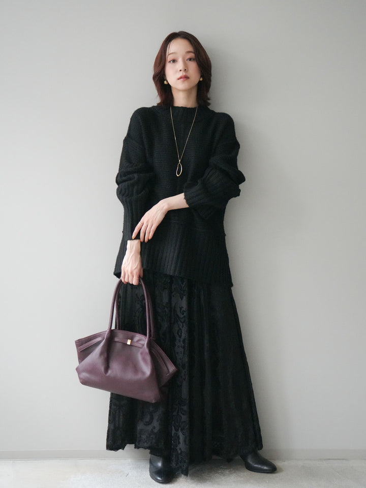 [SET]編み地切替ボトルネックニットプルオーバー+アンティーク柄フロッキーマキシスカート(2set)