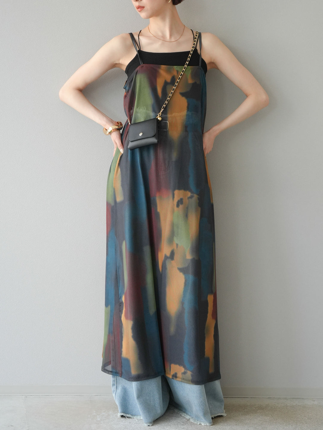 [予約]水彩アートシアーキャミワンピース/チャコール