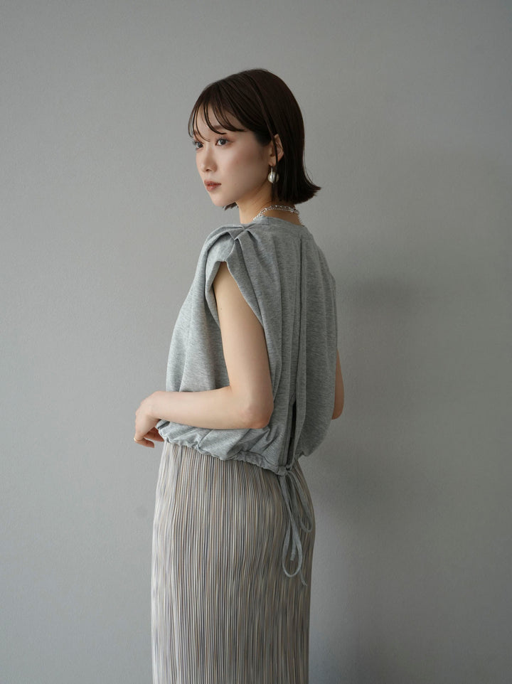 [Pre-order] Tuck shoulder hem drawstring ribbon top/gray