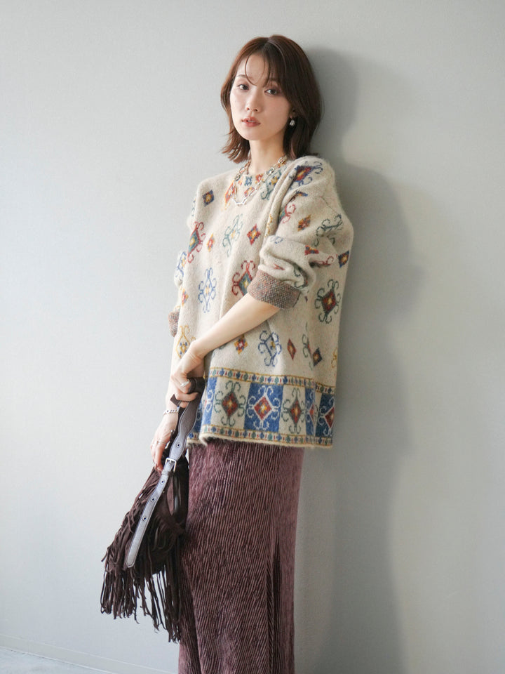 [予約]ヴィンテージ柄オーバーニットプルオーバー/アイボリー