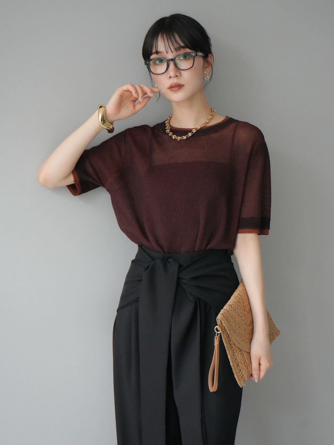 [SET]リネンタッチ配色二重臼ハーフニットトップス+ウエスト巻きデザインワイドパンツ(2set)