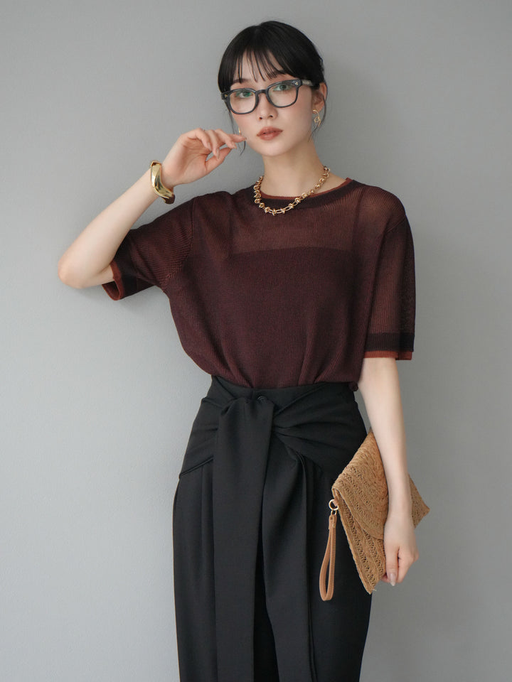 [SET]リネンタッチ配色二重臼ハーフニットトップス+ウエスト巻きデザインワイドパンツ(2set)