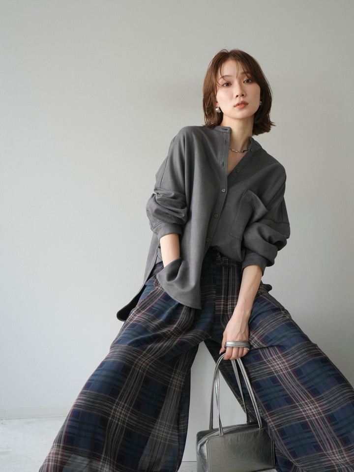 [SET]スエードバンドカラーオーバーシャツ+シアーチェックバギーパンツ(2set)