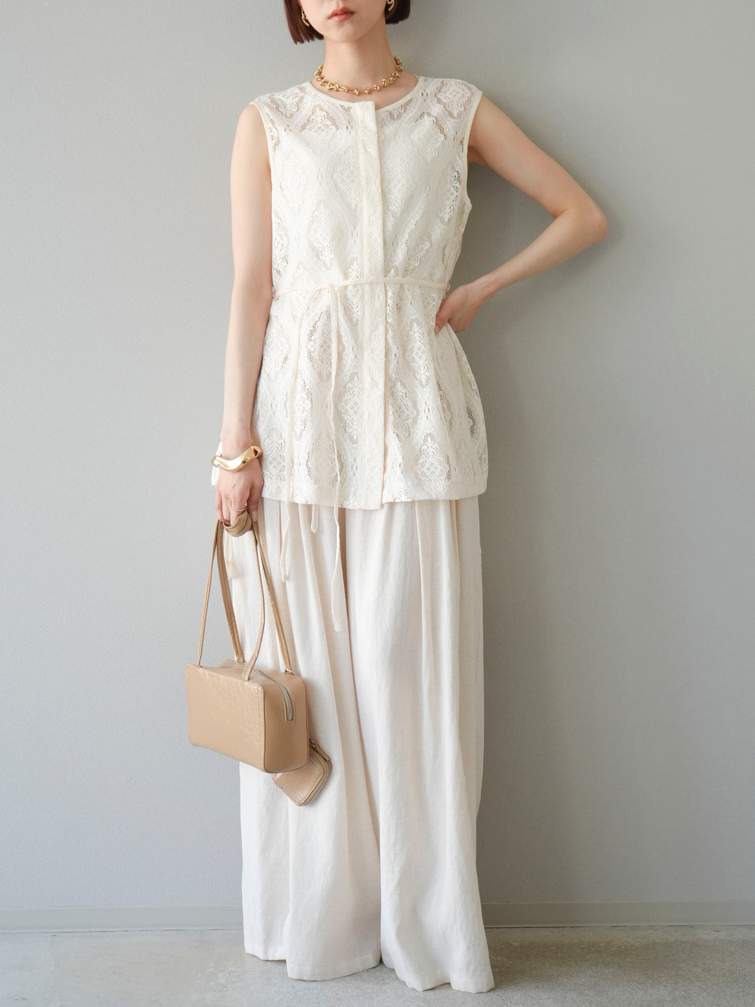 【預購】仿亞麻雙褶設計寬褲/象牙白