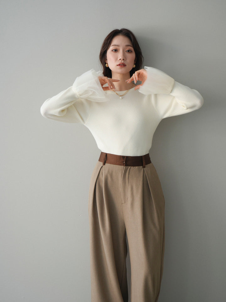 [SET]袖チュールパワショルリブニットトップス+サテンベルトタックワイドパンツ(2set)