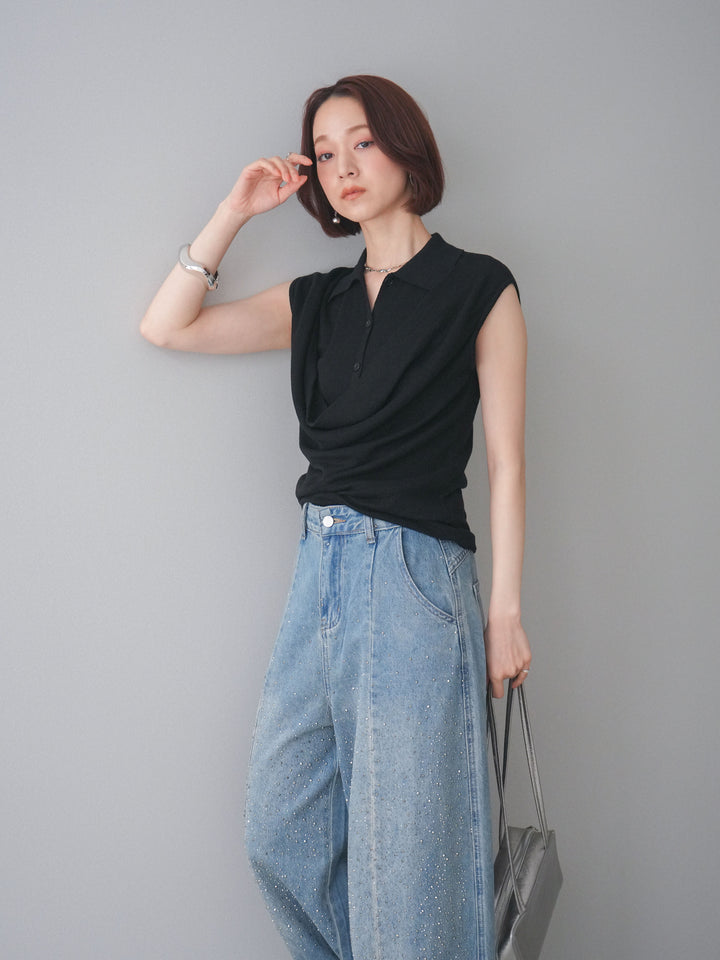 [SET]ノースリーブドレープニットトップス+フロントビジューカーブデニムパンツ(2set)