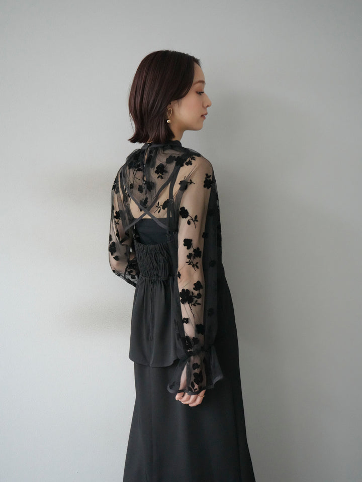 [予約]チュールフラワーフロッキーショートブラウス/ブラック