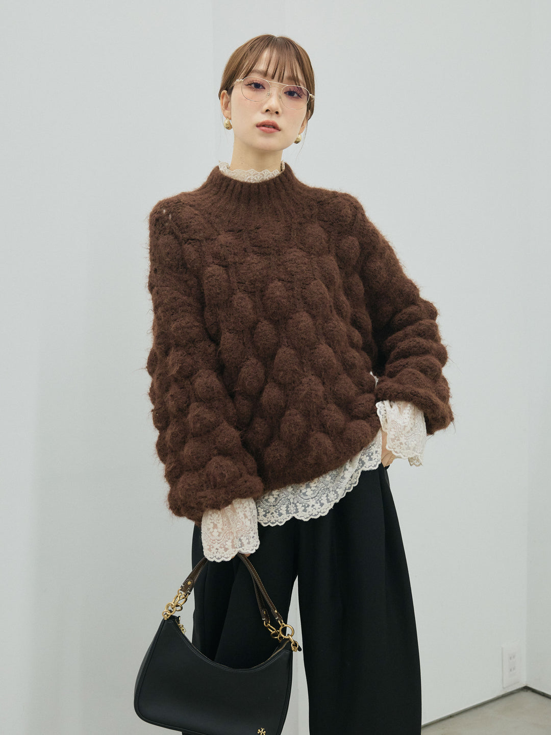 [予約]ポップコーンハイネックニットプルオーバー/brown