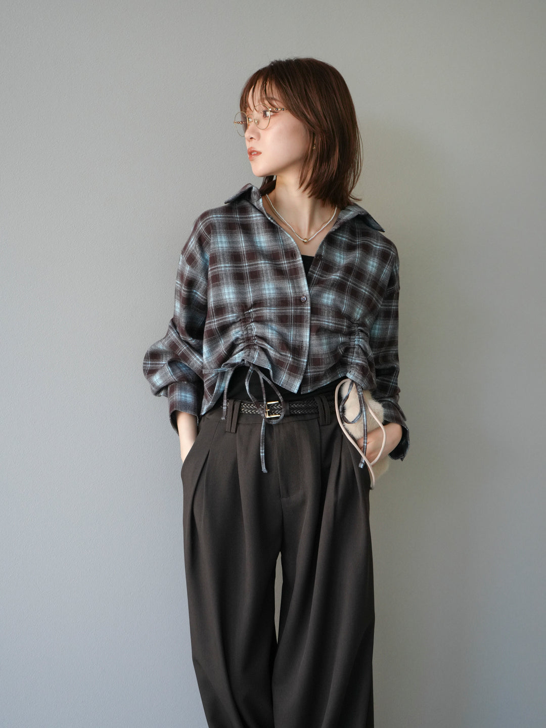 [予約]ドロストクロップネルチェックドシャツ/ブルー