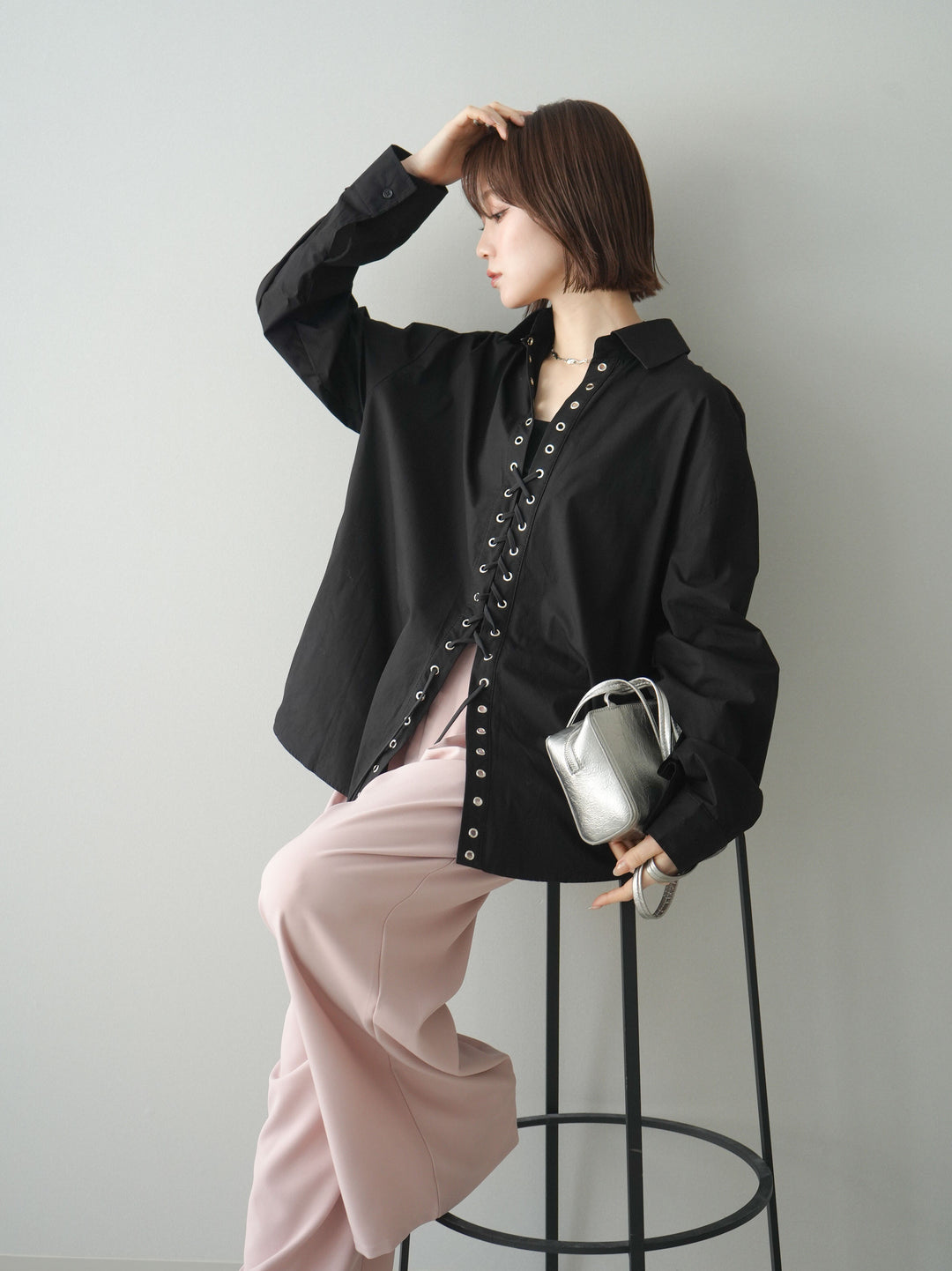 [SET]レースアップブロードシャツ+ベルト付キーホルダーモチーフワイドパンツ(2set)