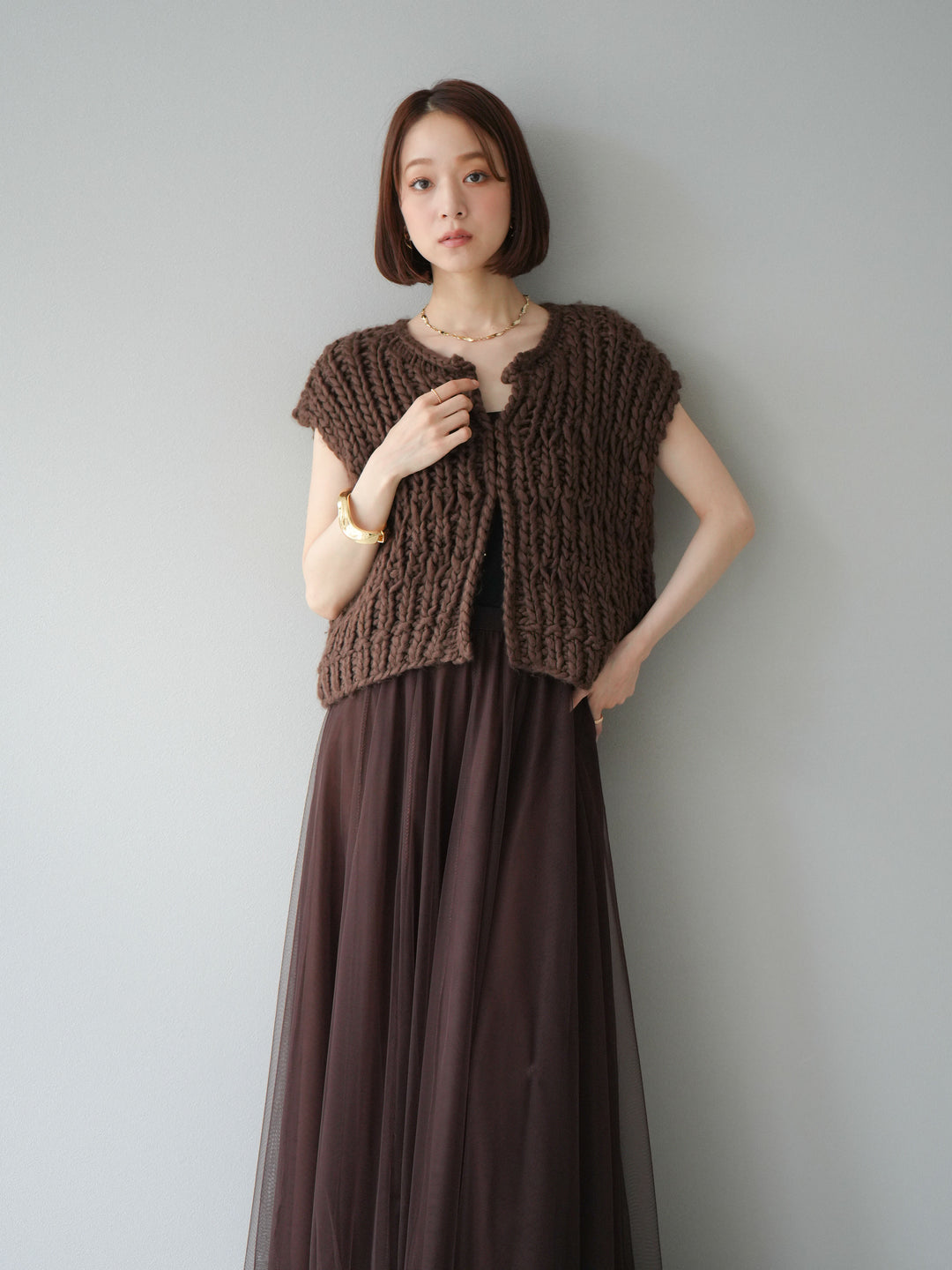 [予約]ハンドニットローピングベスト/ブラウン