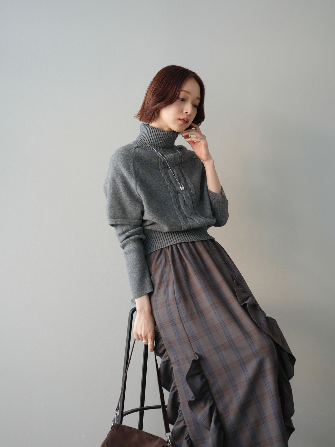 [予約]ケーブル編みタートルハーフスリーブニットアンサンブル/gray