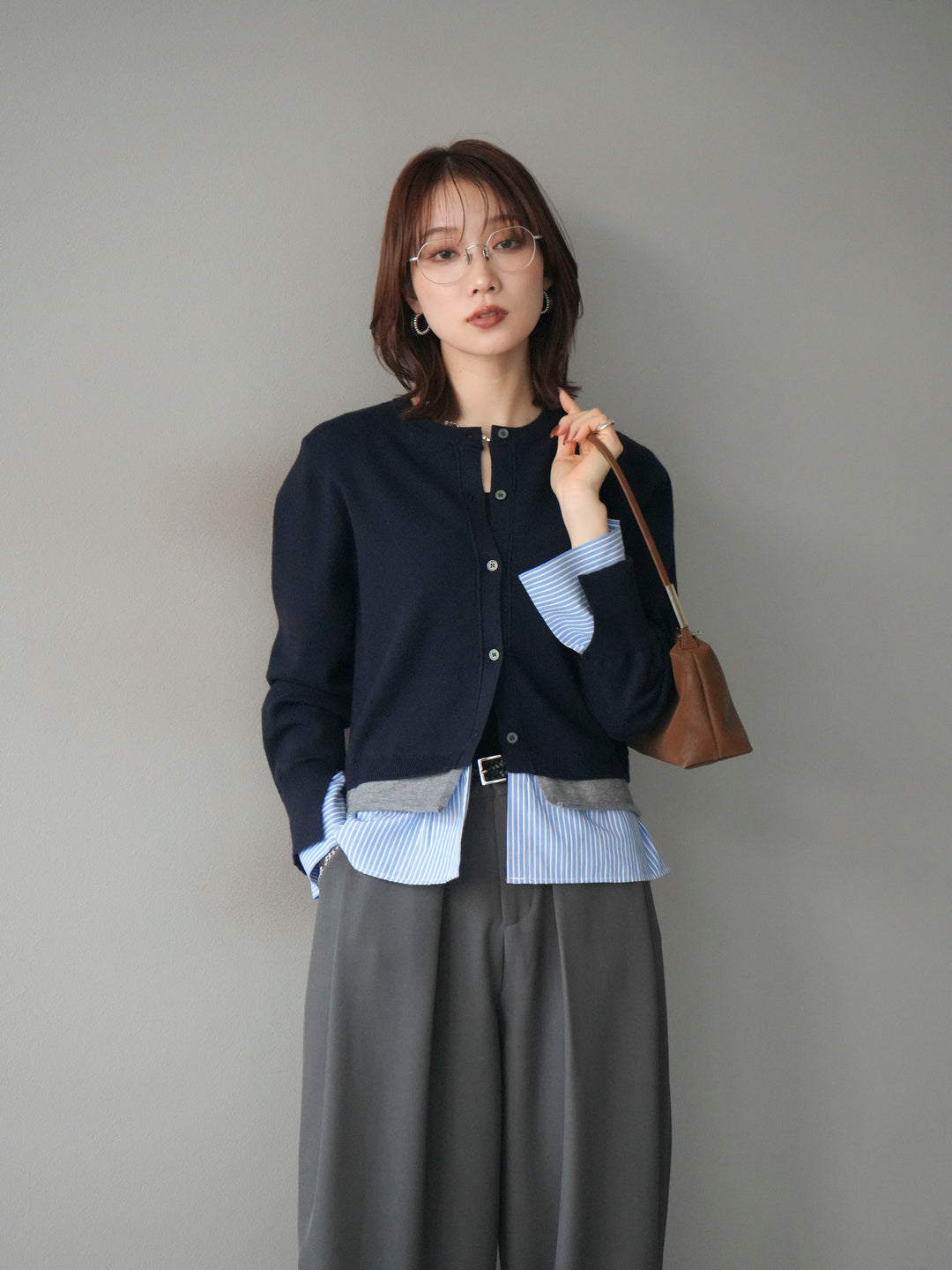 [予約]シャツ襟レイヤードニットカーディガン/navy