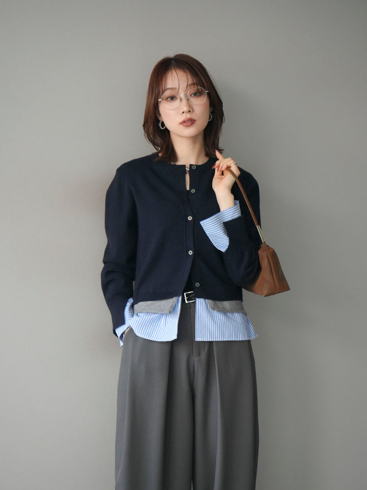 [予約]シャツ襟レイヤードニットカーディガン/navy