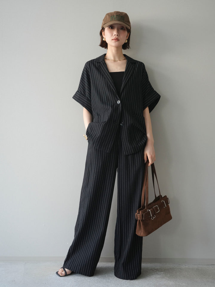 [SET]ストライプハーフスリーブオーバージャケット+ストライプリラックスワイドパンツ(2set)