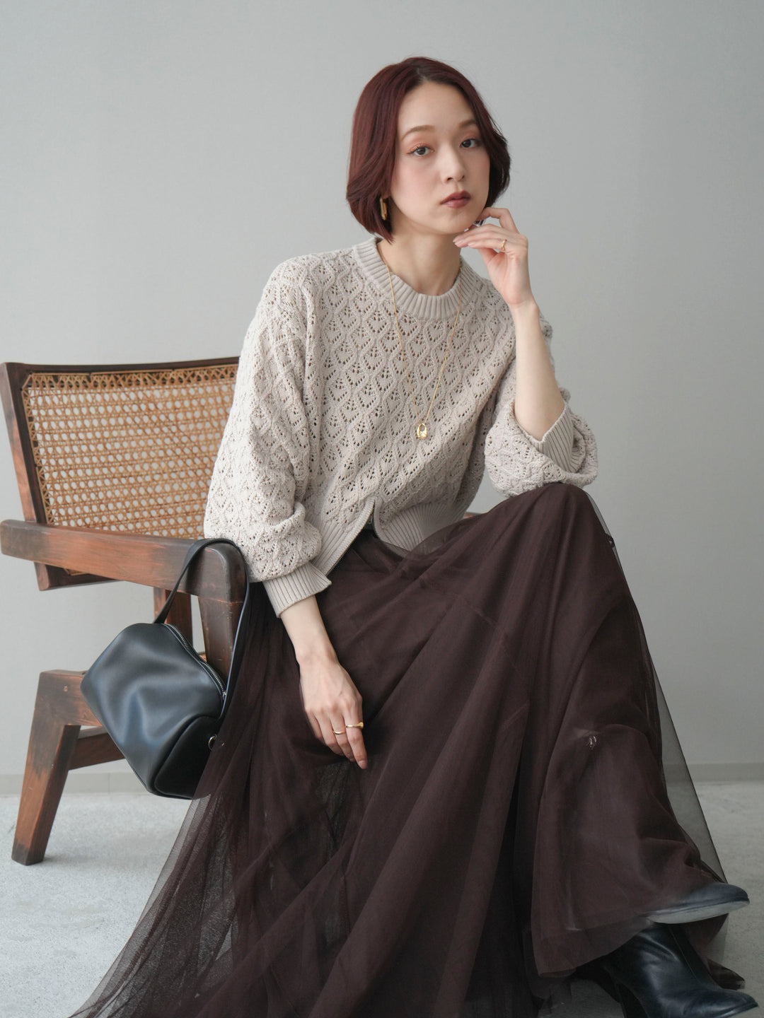 [予約]透かし編みフロントジップスリットニットプルオーバー/lightbeige