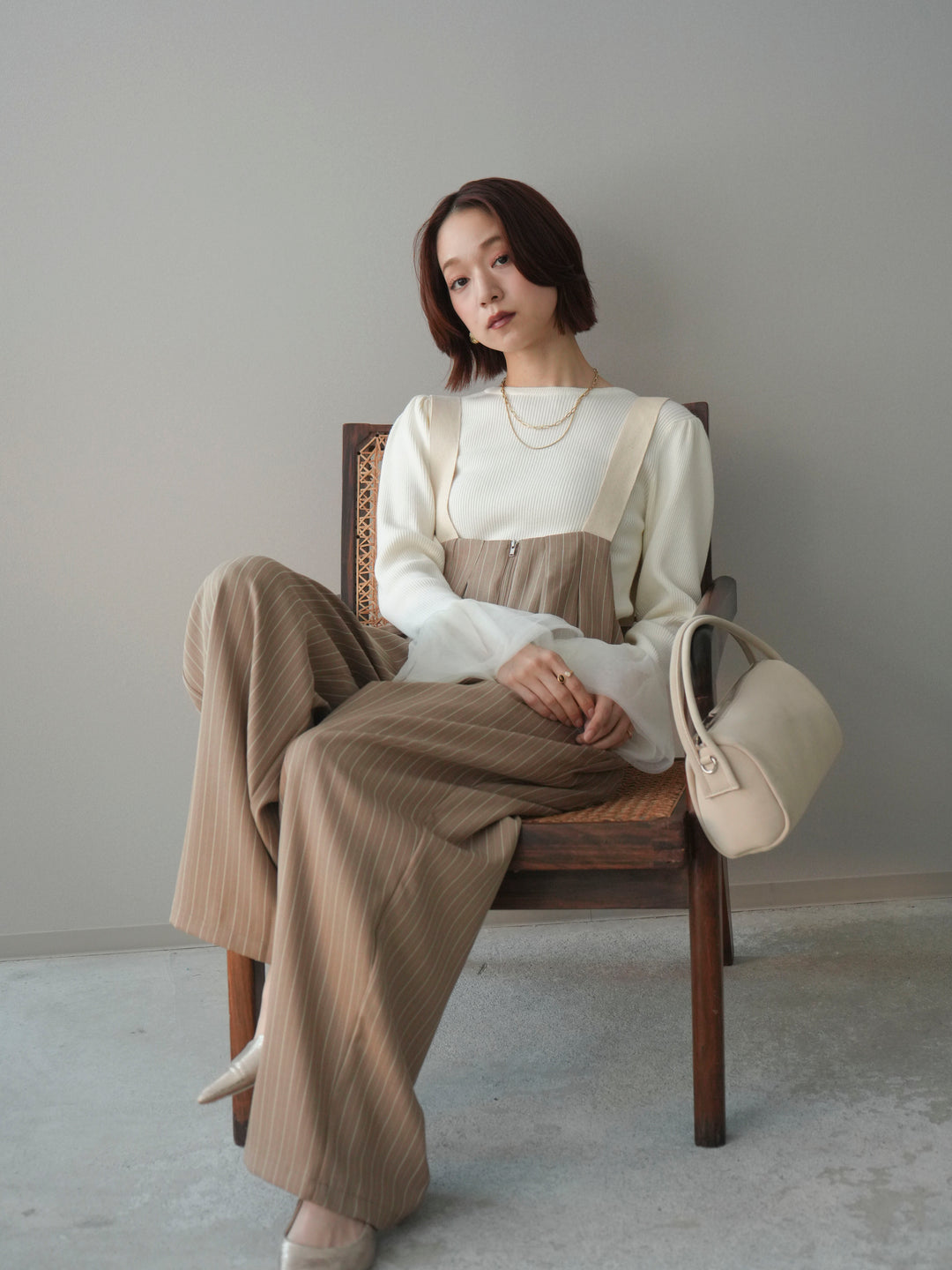 [SET]袖チュールパワショルリブニットトップス+グログランテープストライプサロペット(2set)