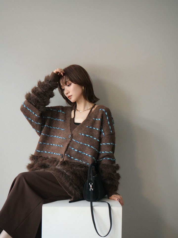 [予約]フェザーライン配色シャギーニットカーディガン/ブラウン