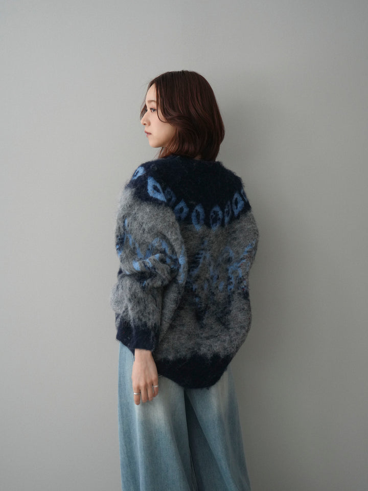 [SET]シャギーニュアンス柄ニットプルオーバー+ベルト付裏起毛カーブデニムパンツ(2set)