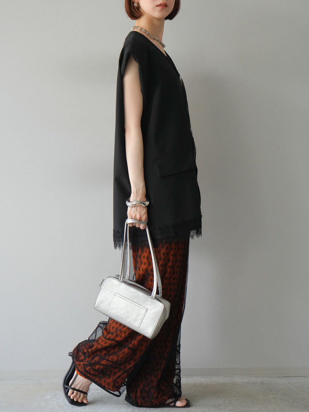 [予約]レーヨンフレックススラブウェーブ柄ストレートパンツ/オレンジ