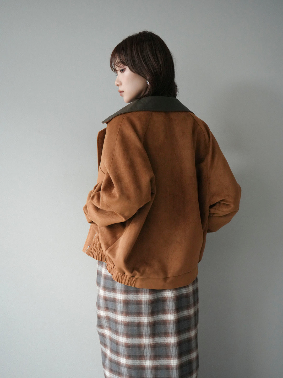 [予約]デザインポケットレザー襟スウェードジャケット/キャメル