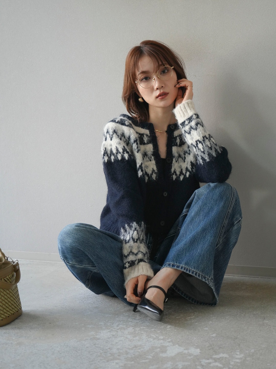 【着回しセット】[SET]求心柄クロップドニットカーディガン+ミックスヤーンペイズリー柄ニットカーディガン+ペインターカーブデニムパンツ(3set)