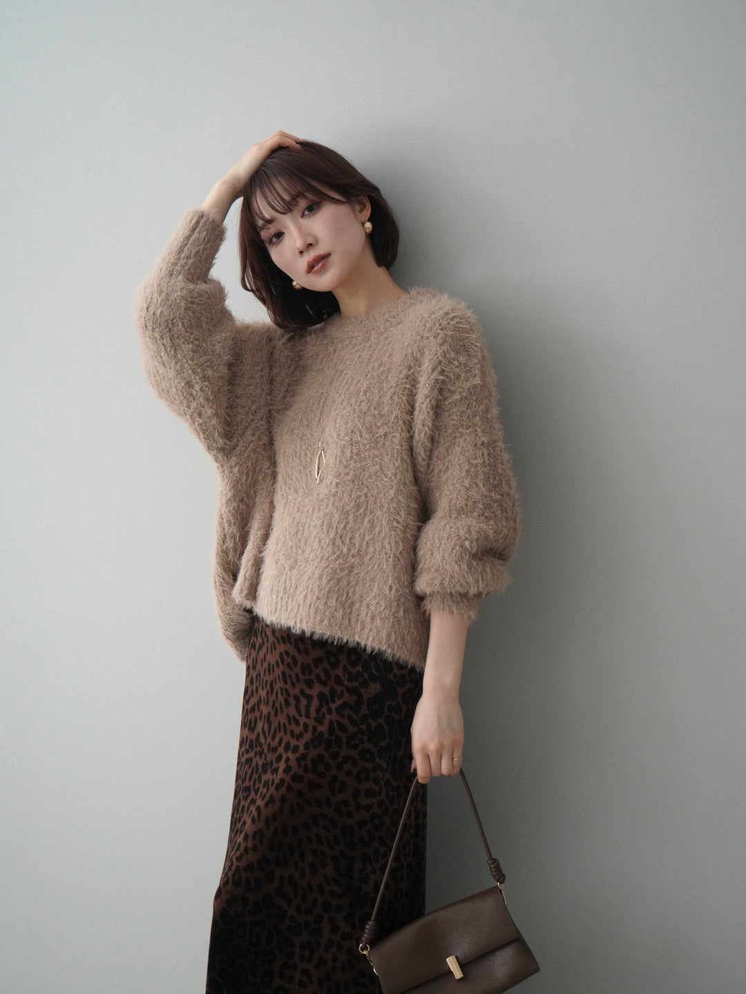 [予約]ボリュームスリーブシャギー MIXニットプルオーバー/brown