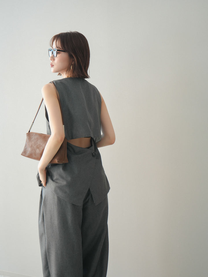 [SET]リネンライクバックオープンジレ+リネンライクタックワイドパンツ(2set)