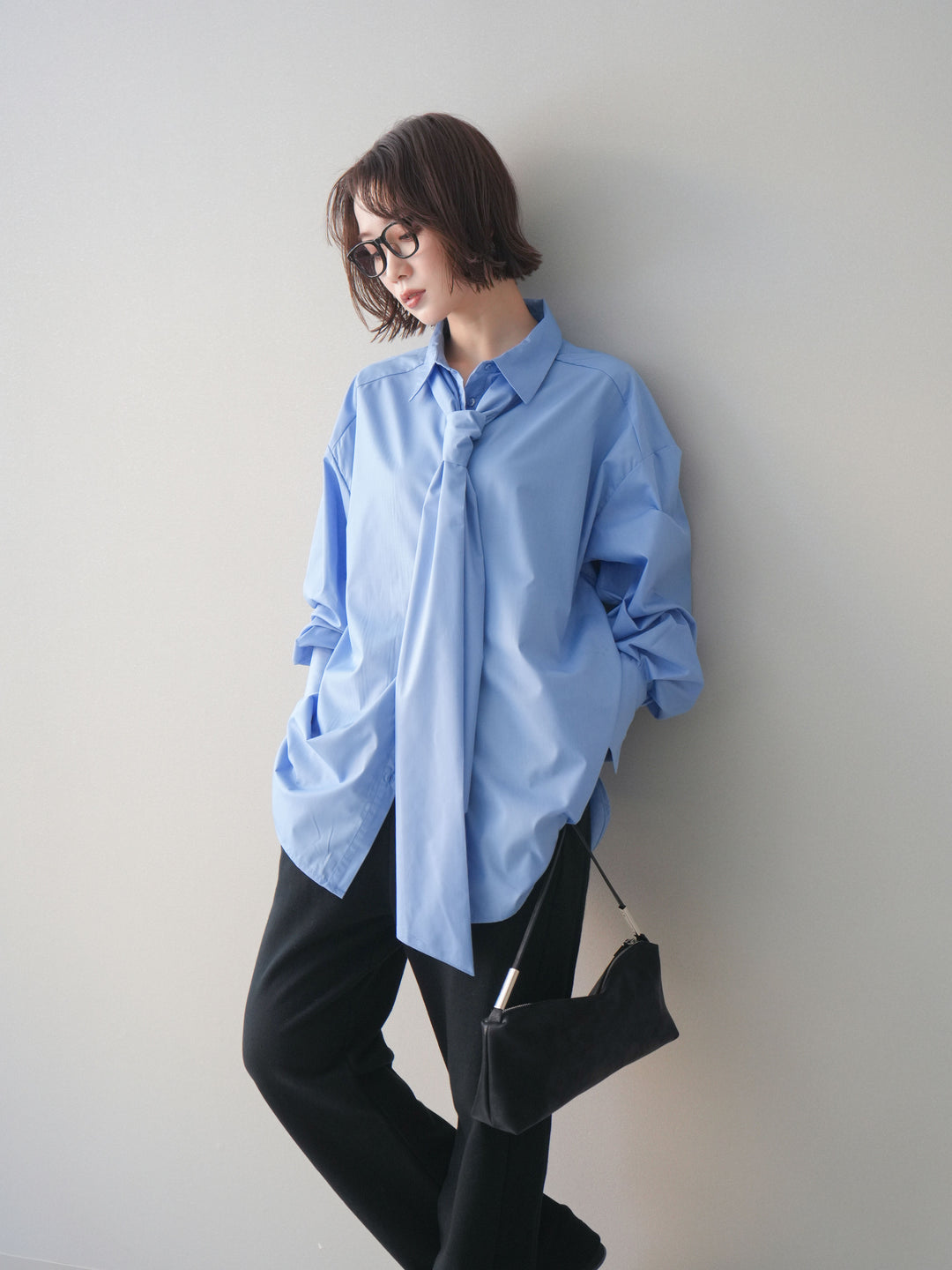 [予約]ボウタイ付オーバーシャツ/blue