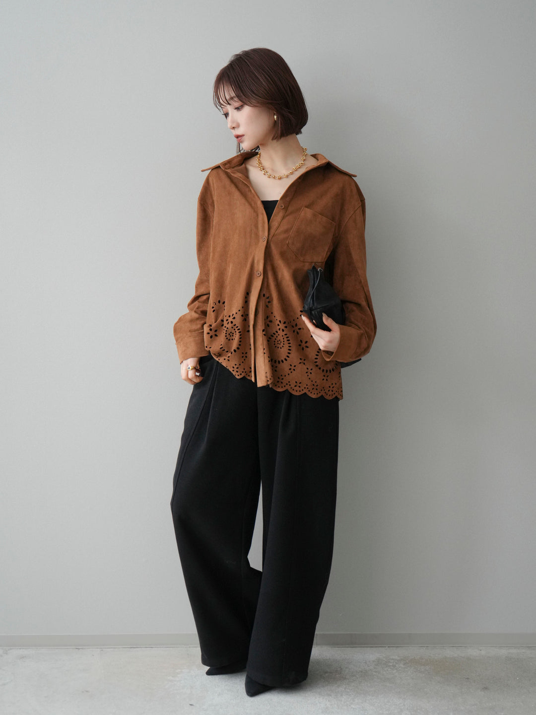 [SET]裾スカラップスエードシャツ+ベルト付起毛コクーンパンツ(2set)